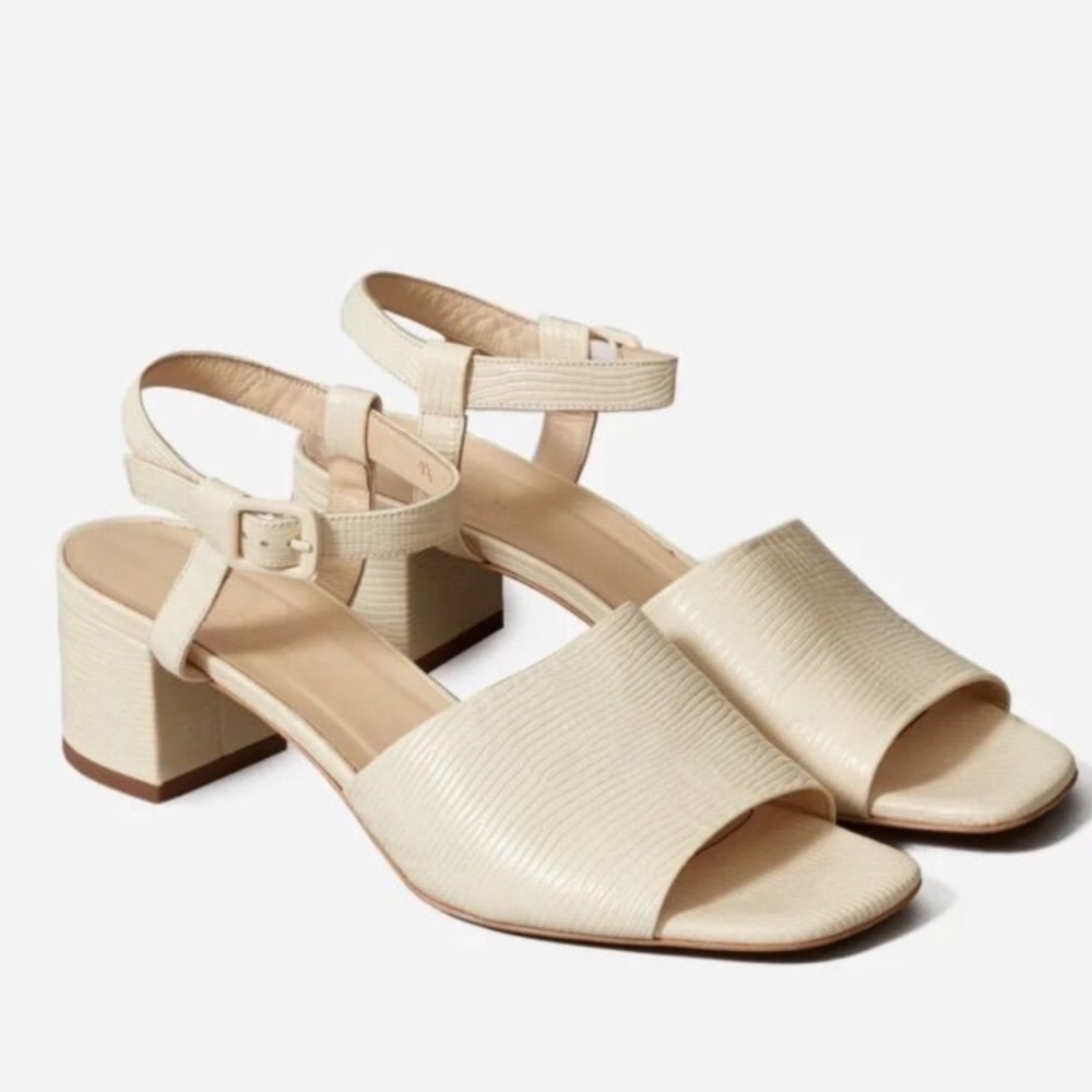 Everlane the block heel lizard leather off white heeled sandals